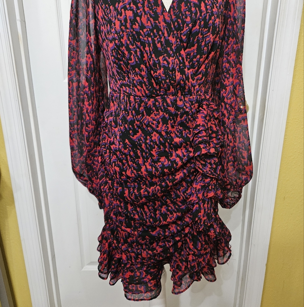 Express Red and Black Ruched Ruffles Mini Dress Size S - Picture 2 of 4